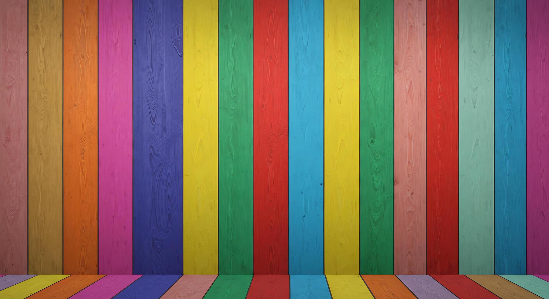 Colorful wooden wall background with a rainbow stripe pattern photo