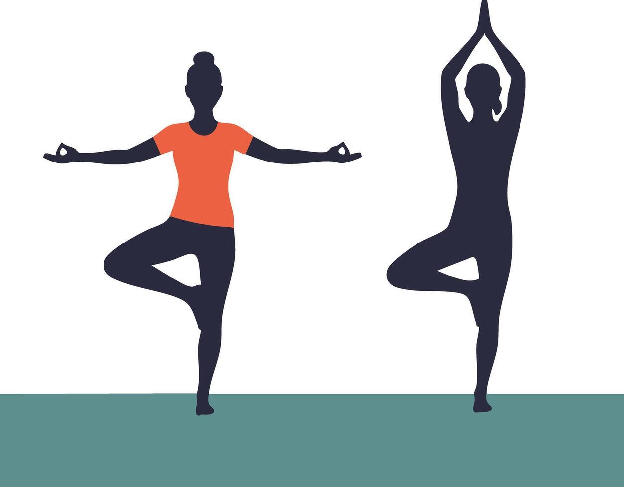 Two women practicing yoga in tree pose with orange shirt and silhouette figures on blue mat illustration vector