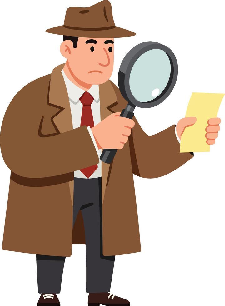 Detective character examining a note with magnifying glass in classic trench coat and hat vector