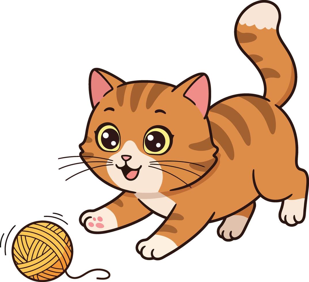 Cute playful brown tabby cat chasing yarn ball illustration in cartoon style for pet and animal designs vector