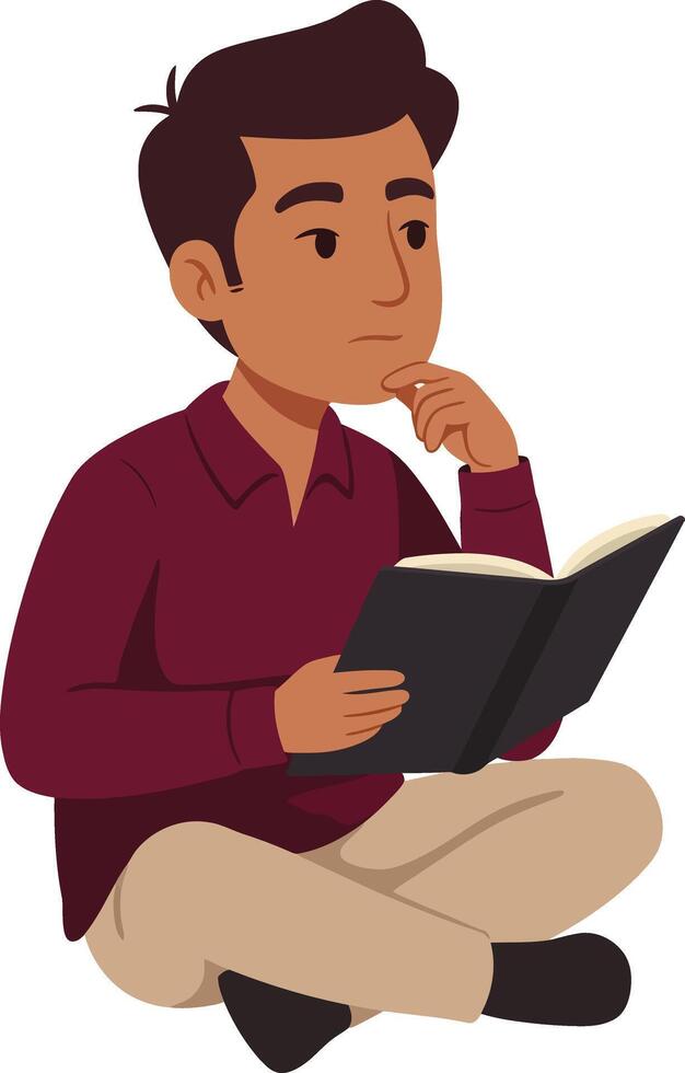 Young man sitting cross-legged reading a book thoughtful expression illustration vector