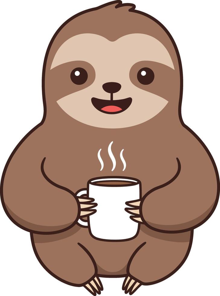 Sloth holding steaming hot coffee cup cute animal illustration with brown tones and smiling face vector