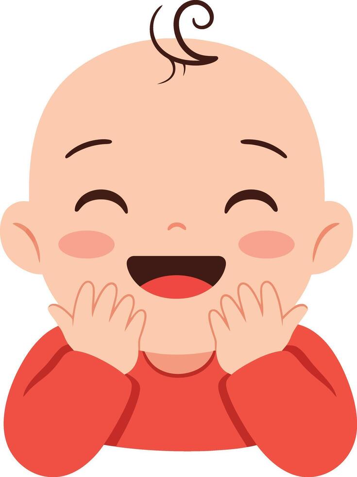 Happy baby smiling with hands on cheeks in red outfit illustration of joyful infant expression vector