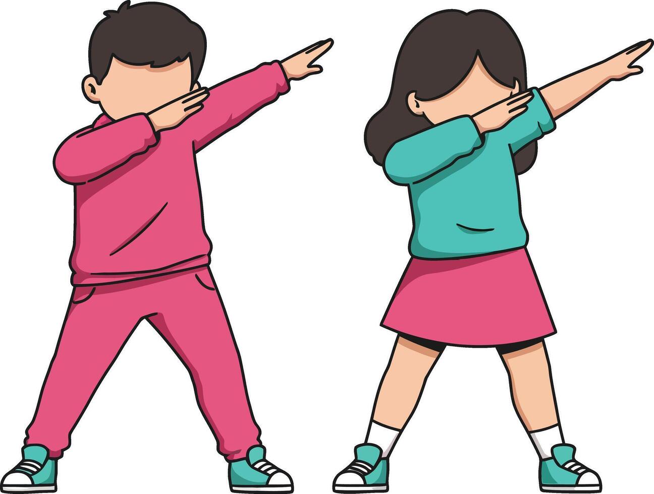 Children performing dab dance gesture in colorful casual clothes illustration of playful young boy and girl in active pose vector