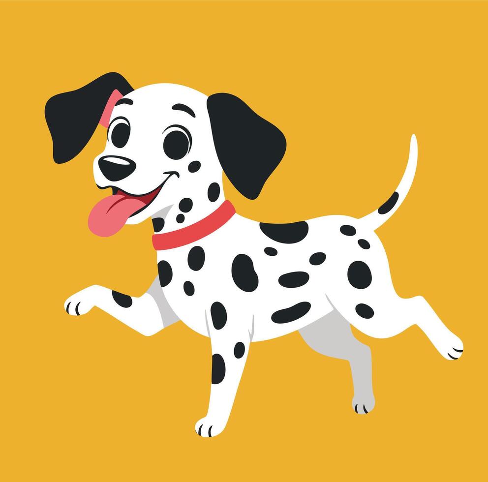 Dalmatian dog with black spots and red collar running happily on orange background illustration vector