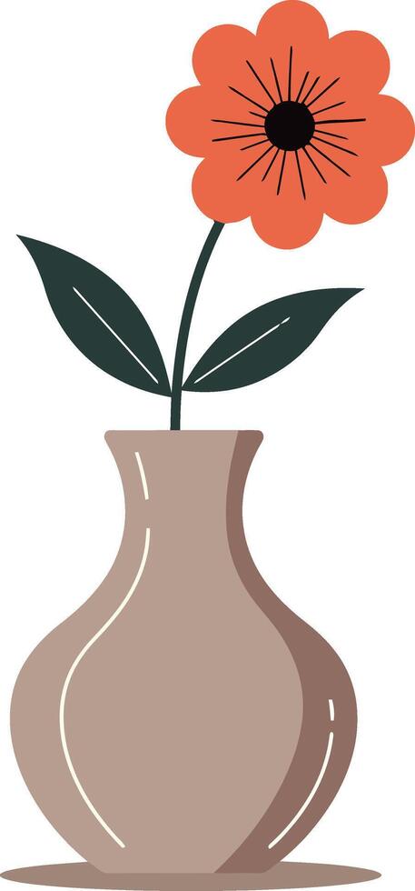 Single orange flower with green leaves in brown vase simple illustration for home decor and design ideas vector