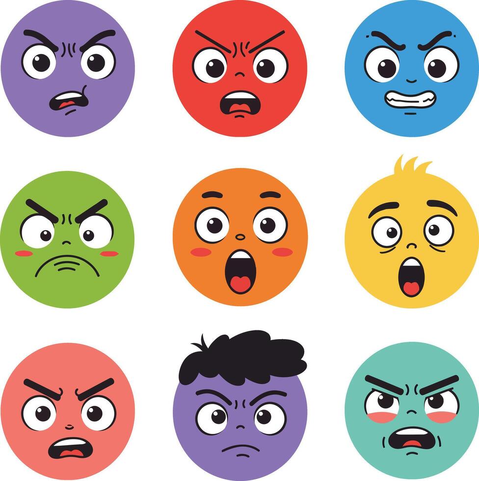 Colorful angry and surprised emoji faces in various expressions illustration design vector