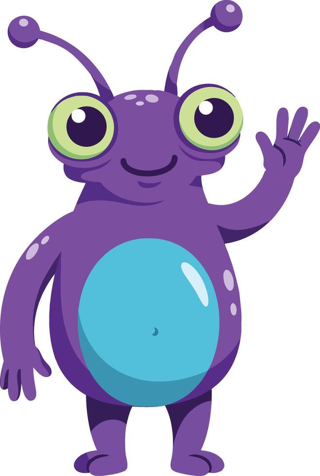 Purple alien cartoon character with big green eyes waving hand friendly extraterrestrial illustration vector