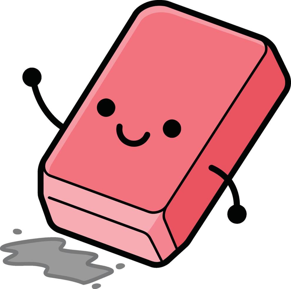 Cute pink eraser cartoon character with smiley face and waving arms illustration vector