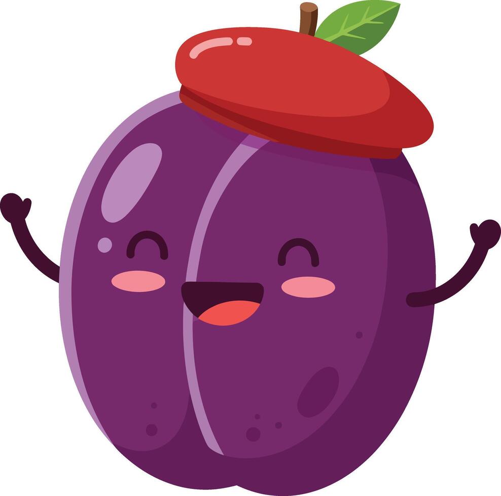 Happy smiling cartoon plum fruit character wearing red cap with leaf illustration vector