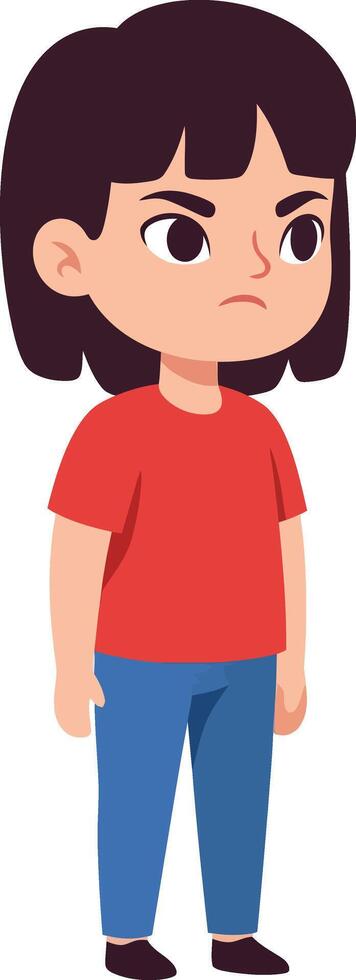 Little boy character in red shirt and blue pants standing with serious expression illustration vector