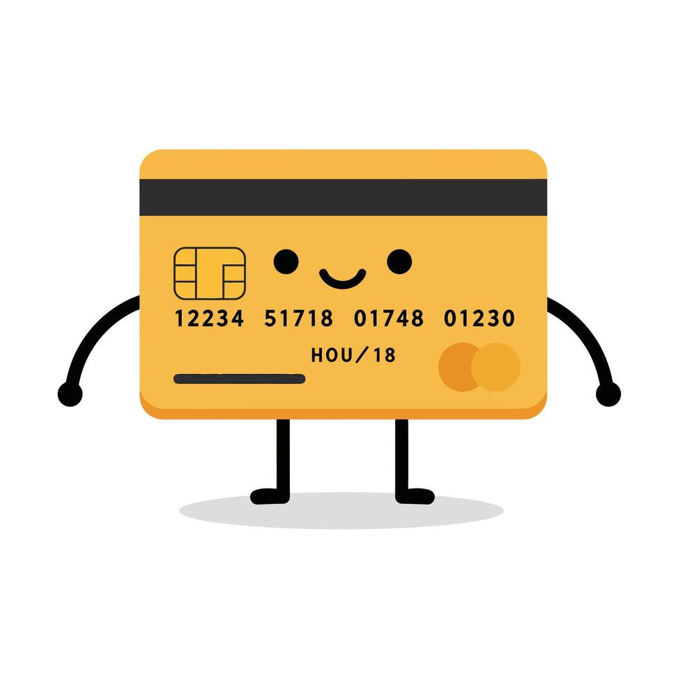 Cute yellow credit card character with smiling face and arms holding playful pose illustration vector