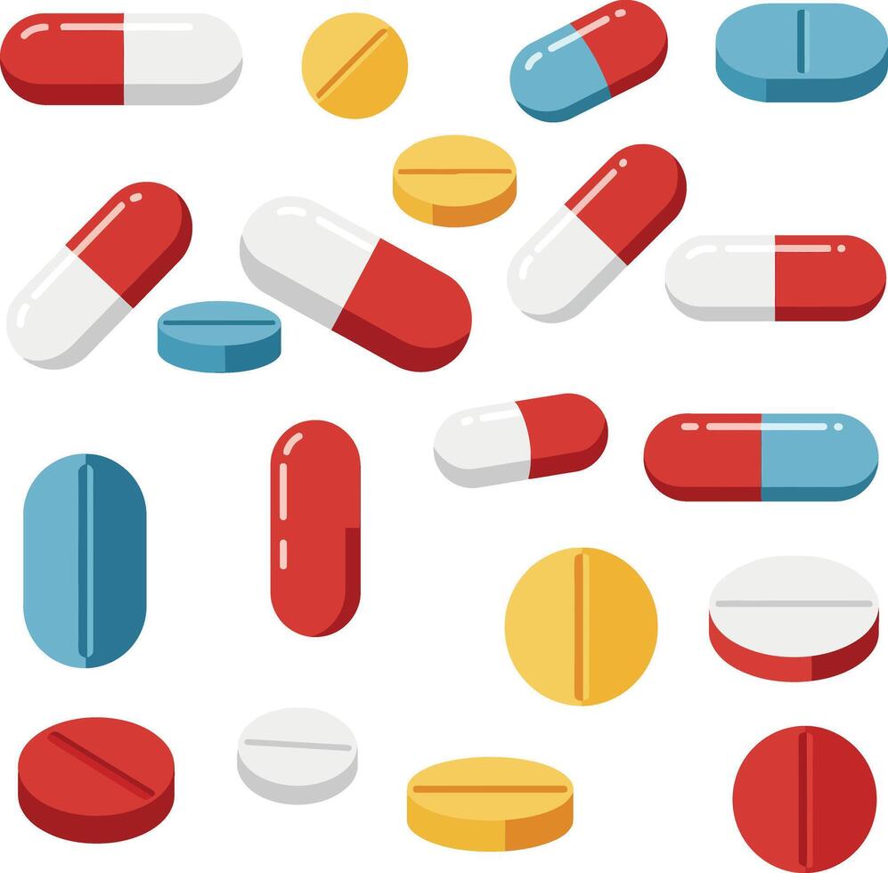 Various colorful pills and capsules illustration in blue red yellow tones medical concept design vector