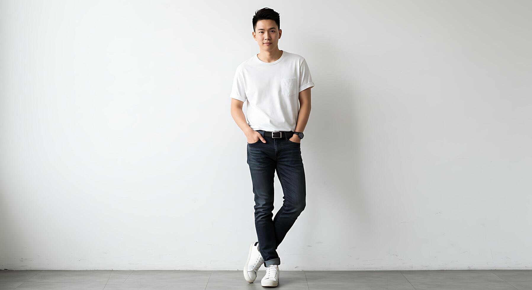 A man in a white t - shirt and jeans standing against a wall photo