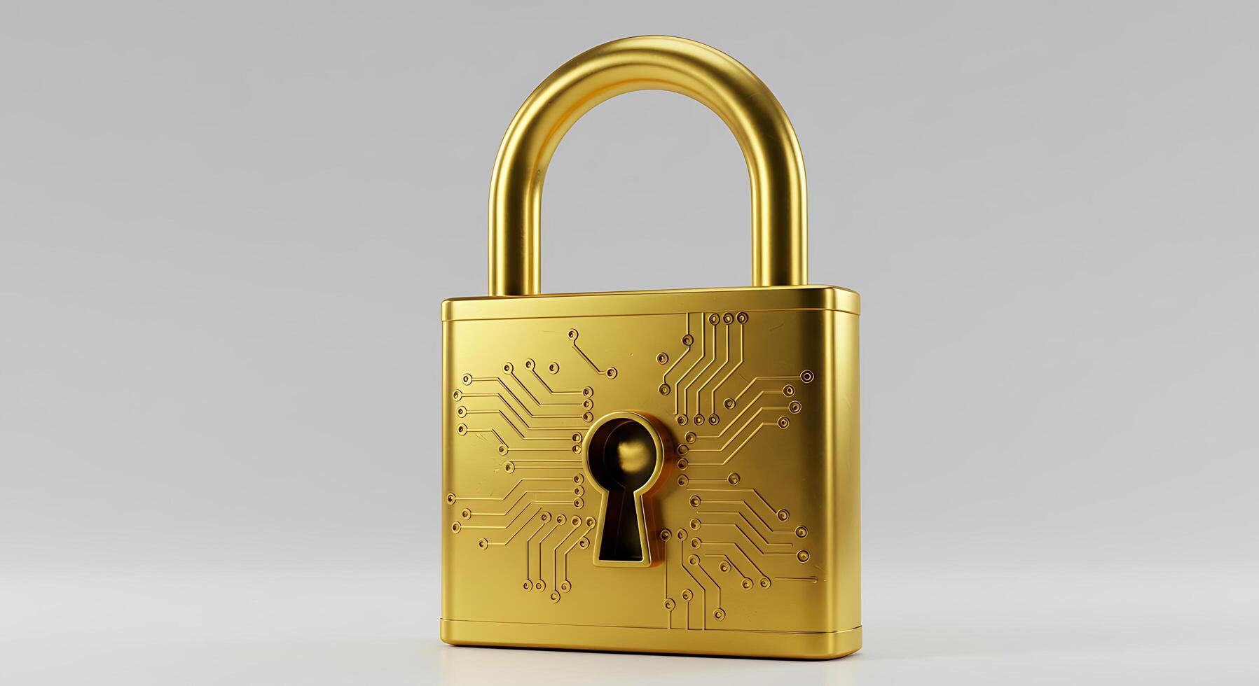 Golden padlock with circuit board on white background photo