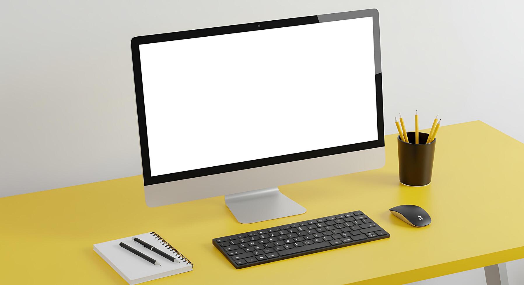 A computer monitor on a yellow desk photo