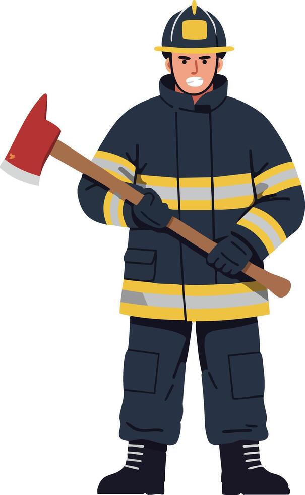Firefighter in full protective uniform holding axe illustration of emergency rescue worker vector