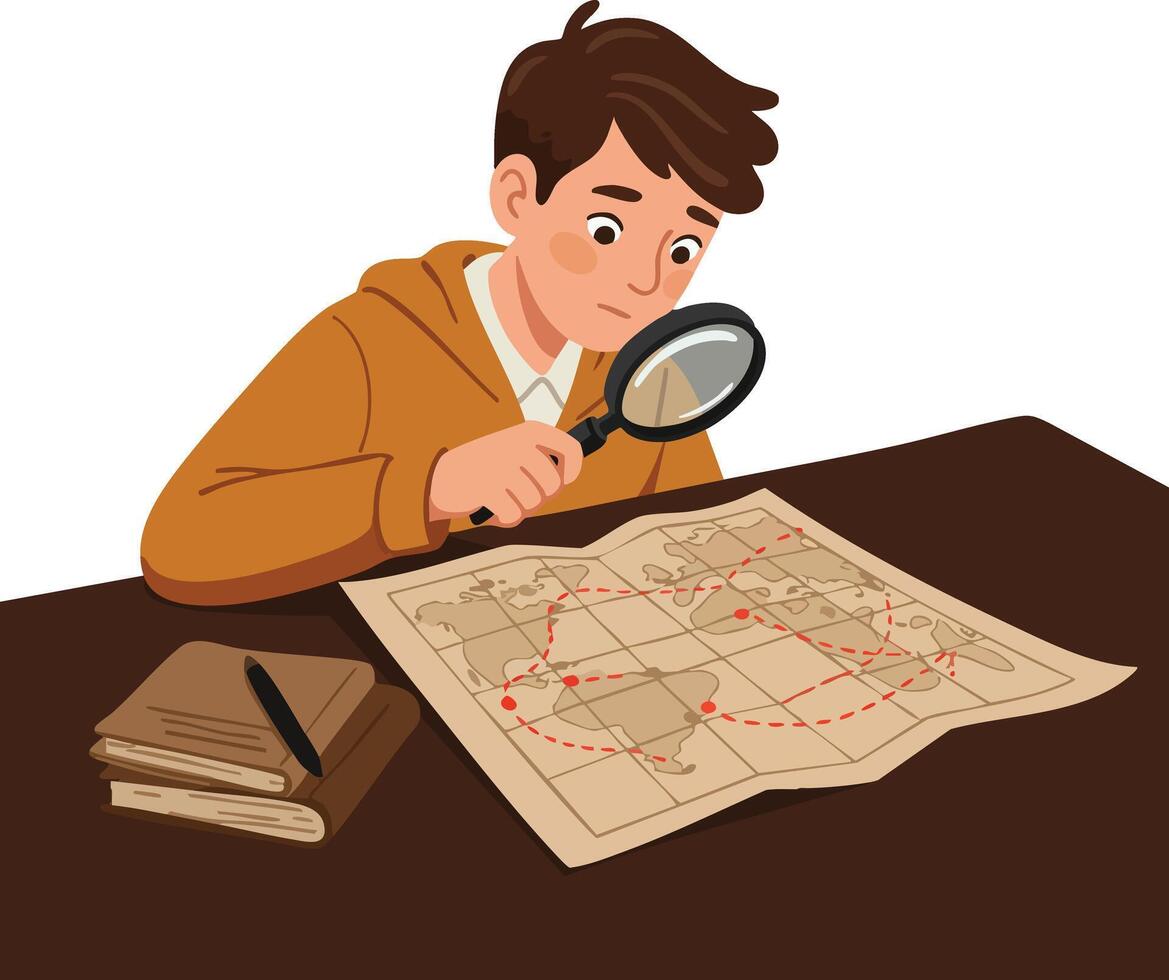 Boy examining world map with magnifying glass for exploration and learning illustration vector