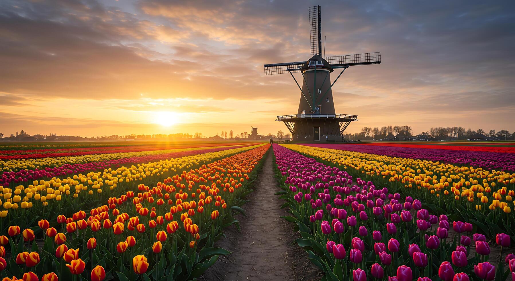 A windmill is in the foreground of a field of tulips photo