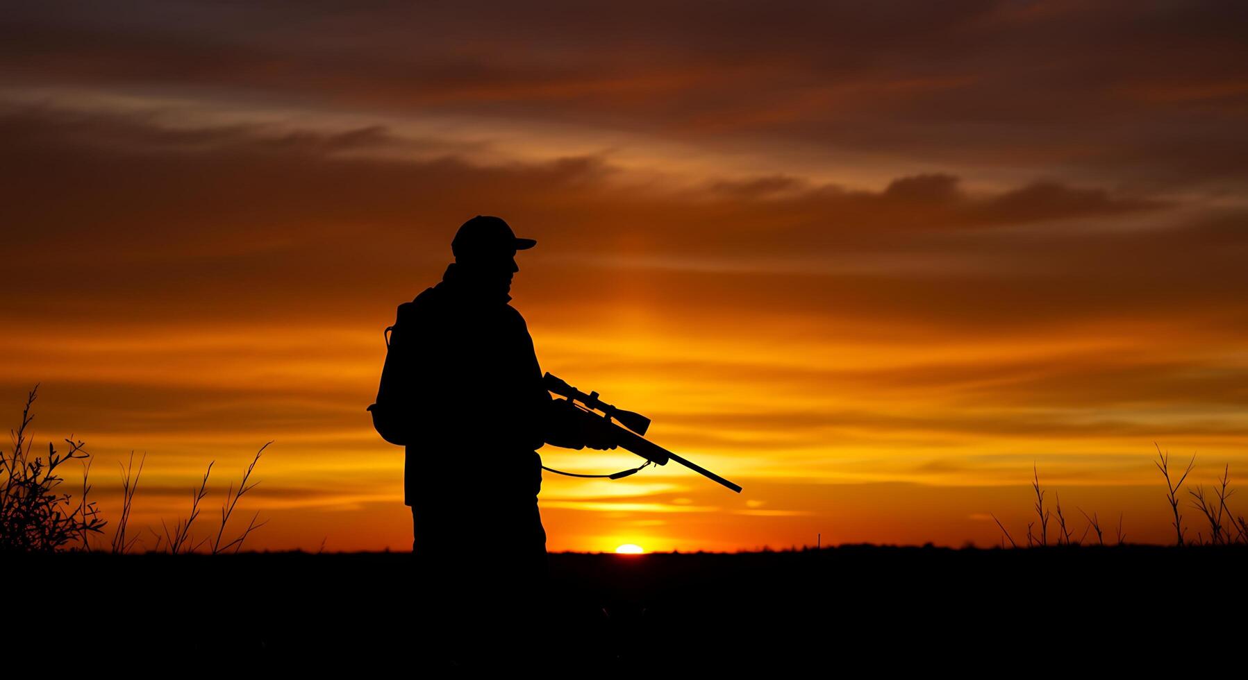 A man with a gun standing in the field at sunset photo