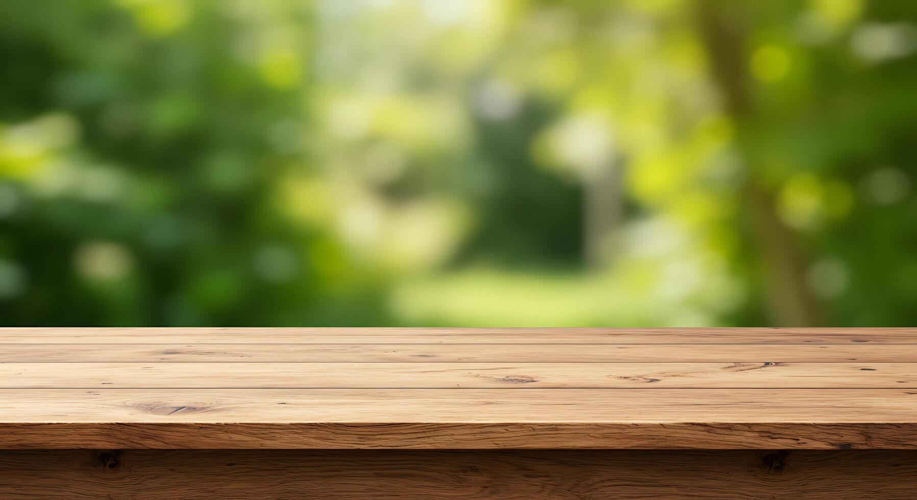 Empty wooden table top on blurred green background photo