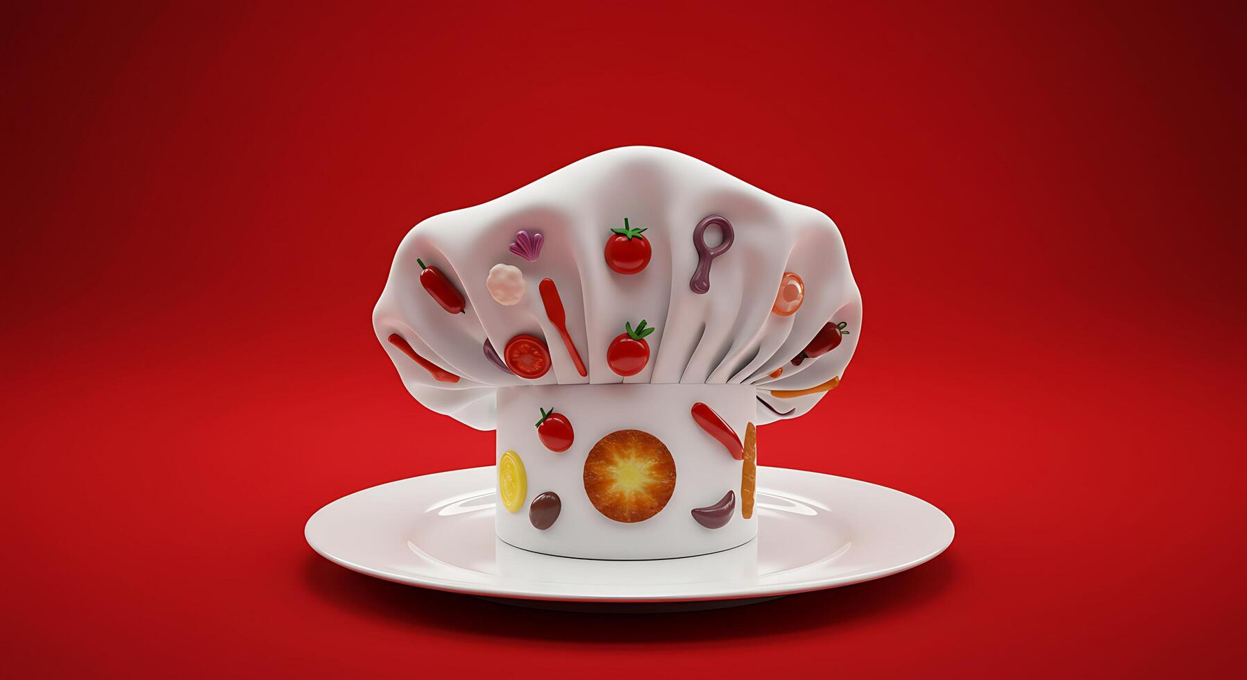 A chef hat on a plate with a red background photo