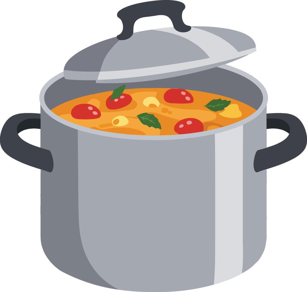 Cooking pot with vegetable soup and partially open lid illustration image vector