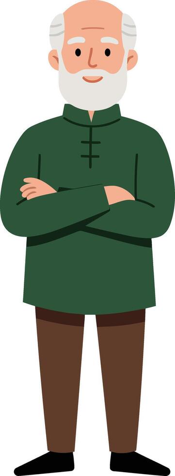 Elderly man standing with arms crossed wearing green sweater and brown pants illustration vector