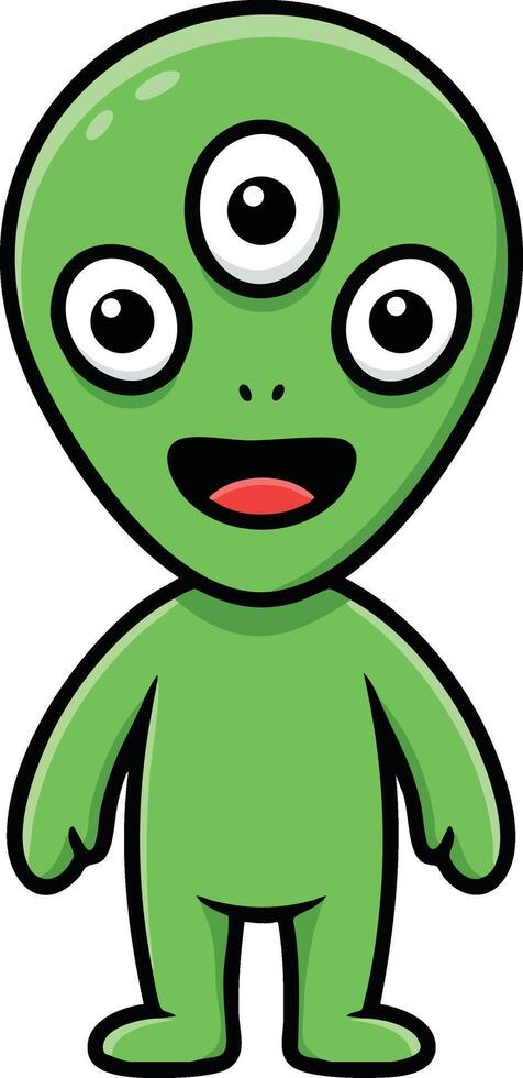Green alien cartoon character with three eyes and happy expression illustration vector