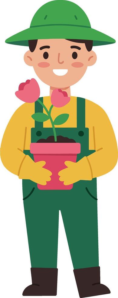 Boy gardener holding pink potted flowers wearing green hat and yellow gloves smiling happy garden illustration vector