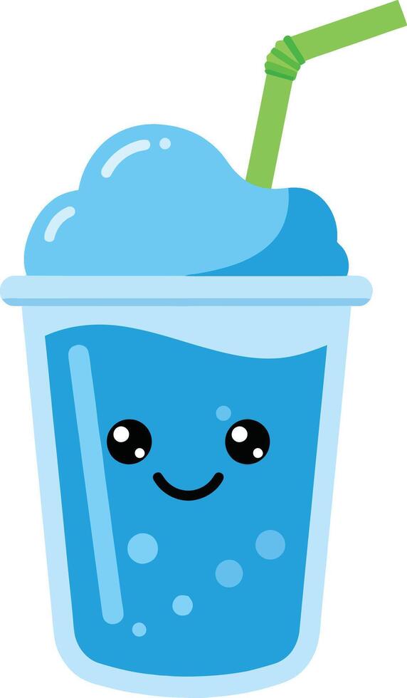Blue slush drink with green straw cute face illustration design for summer refreshment and leisure enjoyment vector