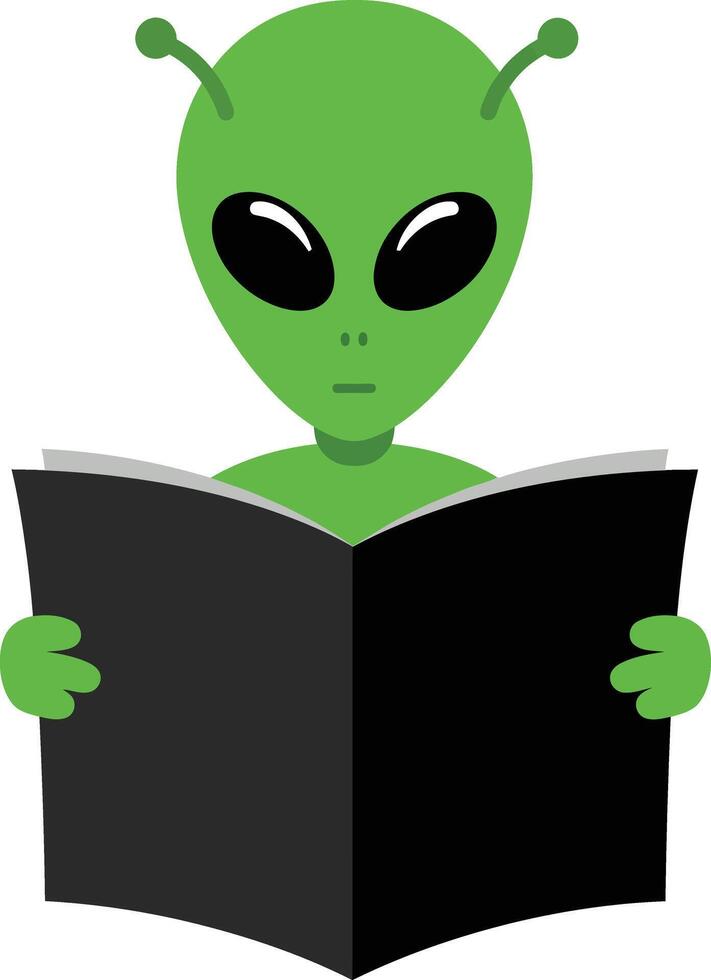 Green alien reading book illustration with large eyes and antennae in simple style vector