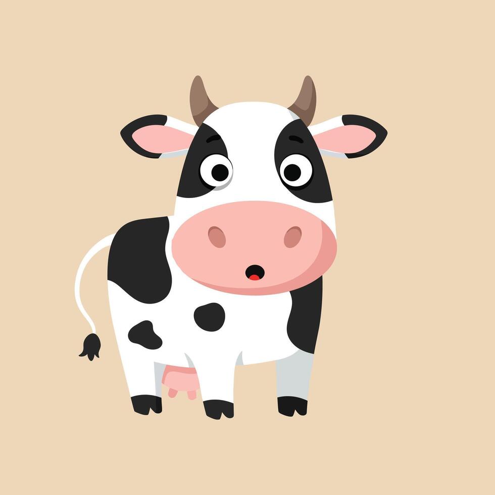 Cute cartoon cow with black spots standing on beige background illustration for children and farm themes vector