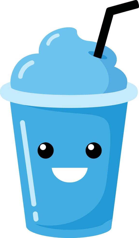 Blue smoothie cup with happy face and black straw cartoon illustration for kids and beverages design vector
