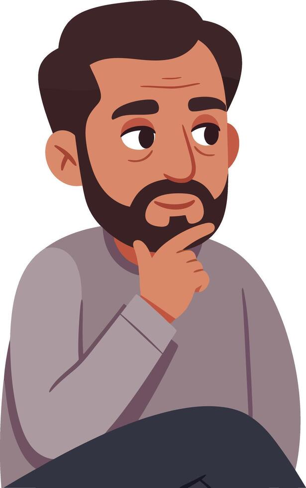 Bearded man sitting thoughtful with hand on chin illustration for contemplation and decision making concepts vector
