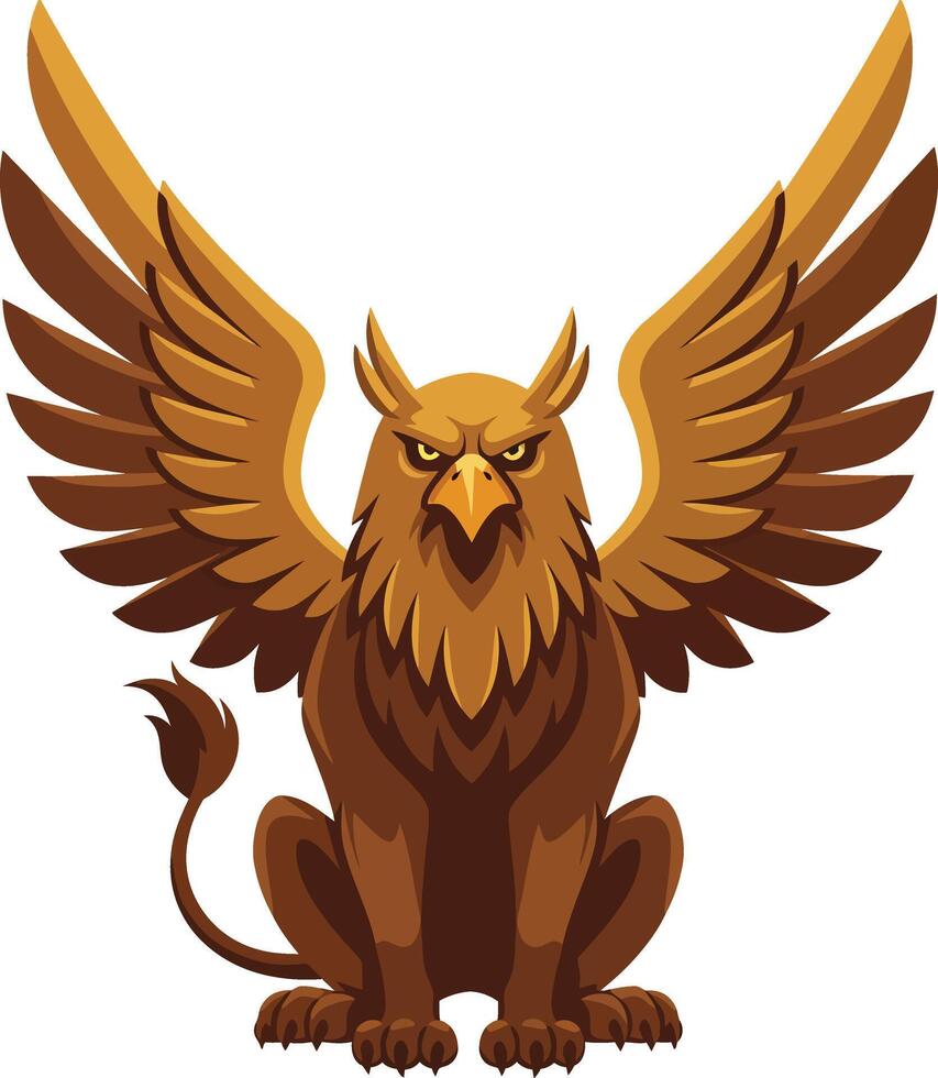 Griffin mythical creature with wings and fierce expression in brown and gold shades illustration vector