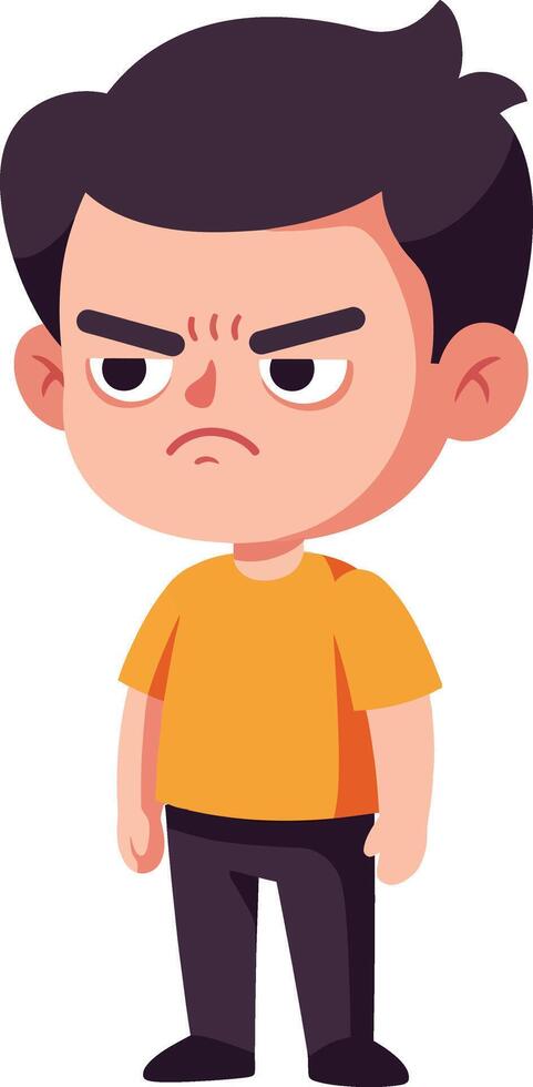 Angry little boy with black hair and orange shirt standing with clenched fists illustration vector