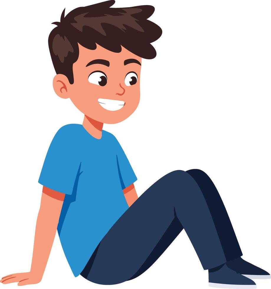 Smiling boy sitting relaxed in blue shirt and dark pants casual pose cartoon illustration vector