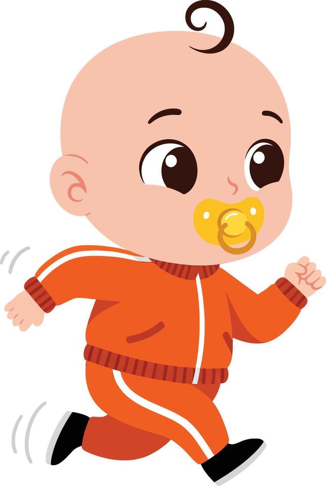 Baby boy running wearing orange tracksuit with pacifier in mouth illustration vector