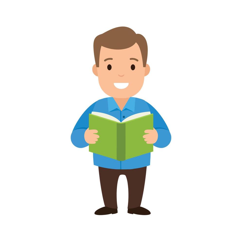Smiling man holding green book reading educational content illustration happy learning concept vector