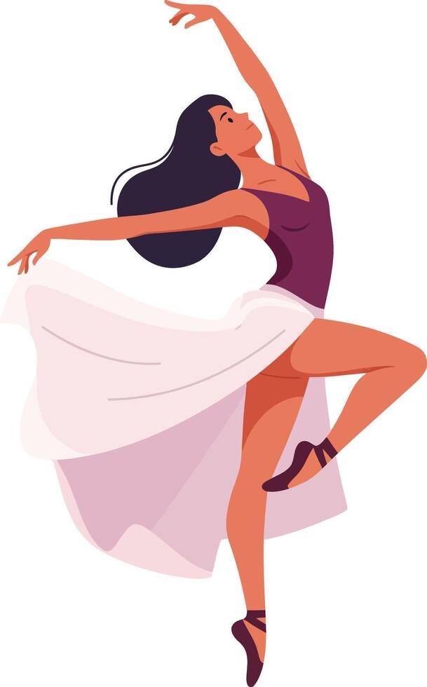 Ballet dancer performing elegant dance pose with flowing skirt and pointe shoes in illustration vector