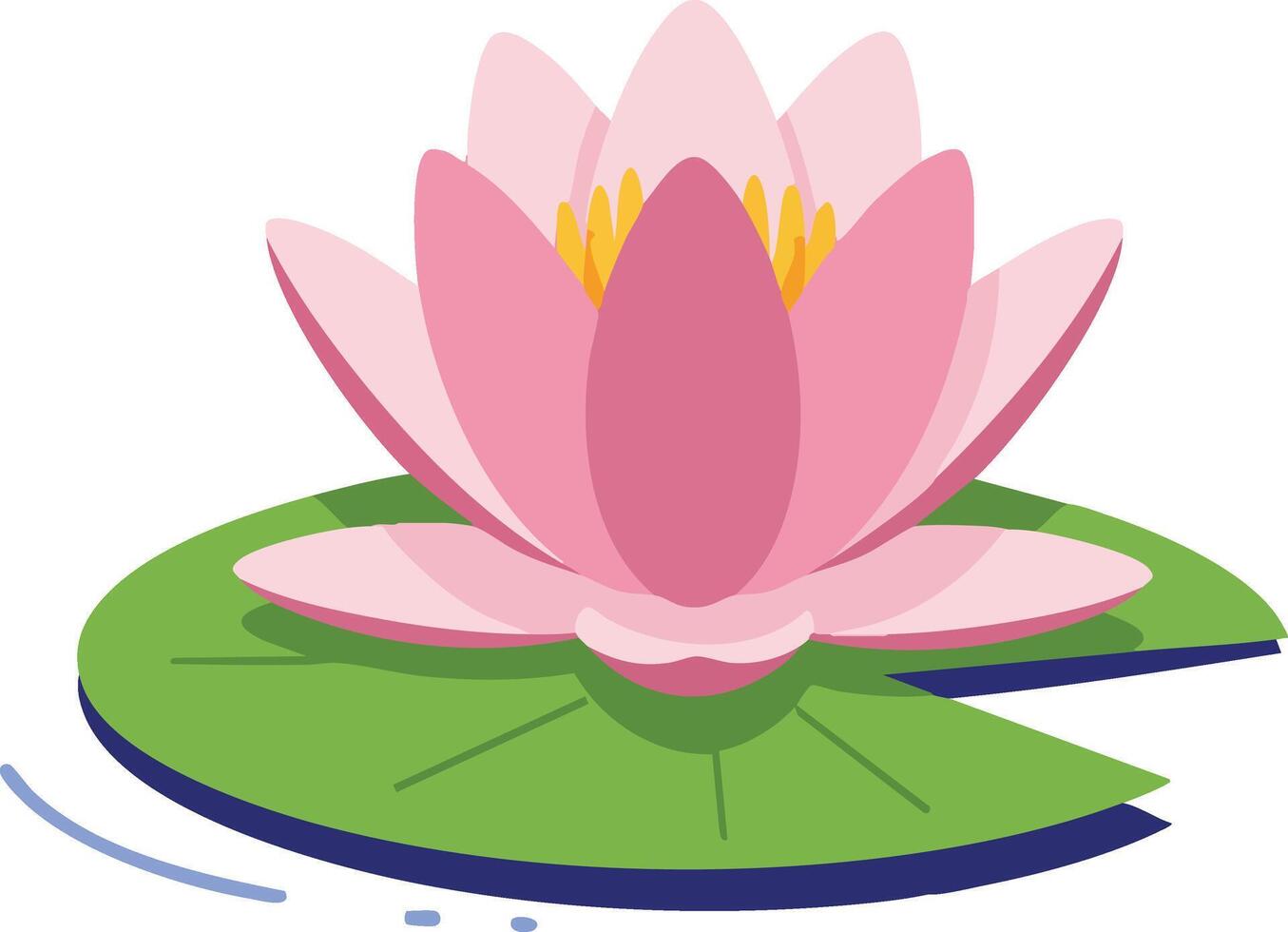 Pink water lily flower blooming on green lily pad illustration in calm water nature scene vector