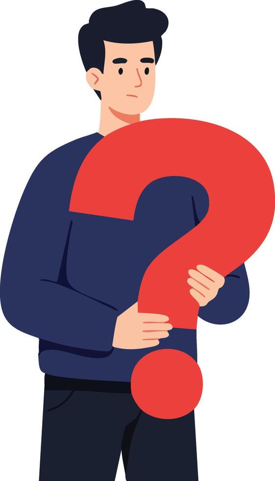 Young man holding large red question mark symbolizing curiosity and inquiry in modern lifestyle illustration vector