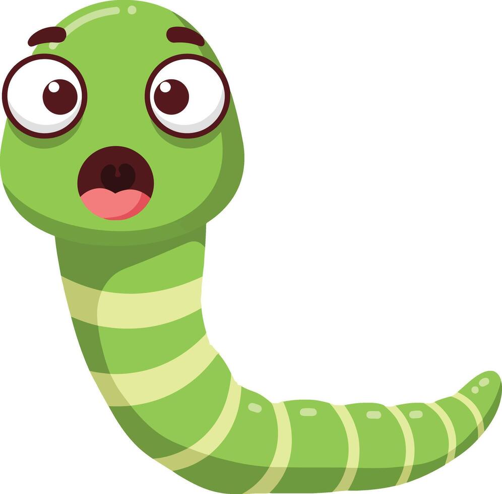 Cute green cartoon worm with expressive eyes and open mouth illustration in playful style vector