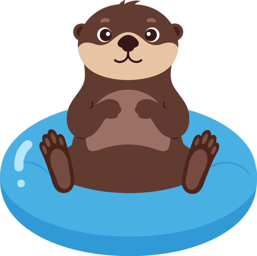 Otter Sitting on Blue Inflatable Ring Illustration with Cute Expression and Relaxed Pose vector
