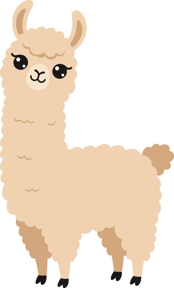 Cute beige llama cartoon illustration with big eyes and fluffy fur design for children and decorative purposes vector