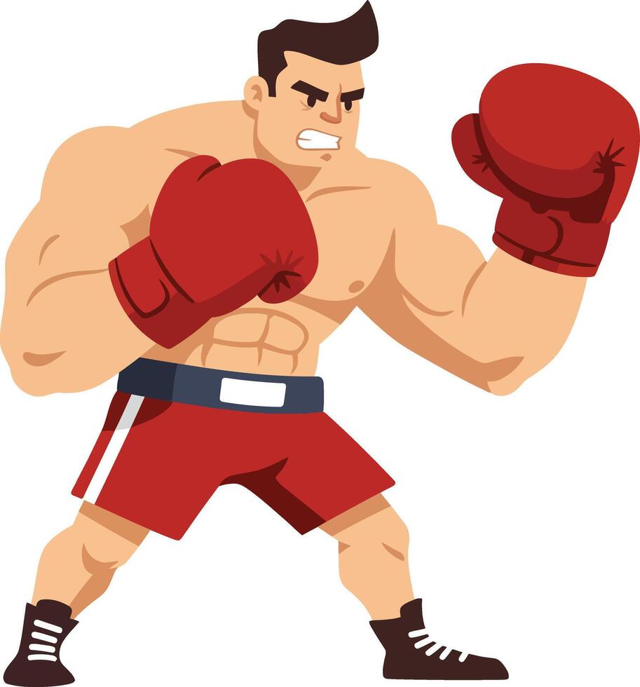 Muscular male boxer in red gloves and shorts ready to fight aggressive fighting stance illustration vector