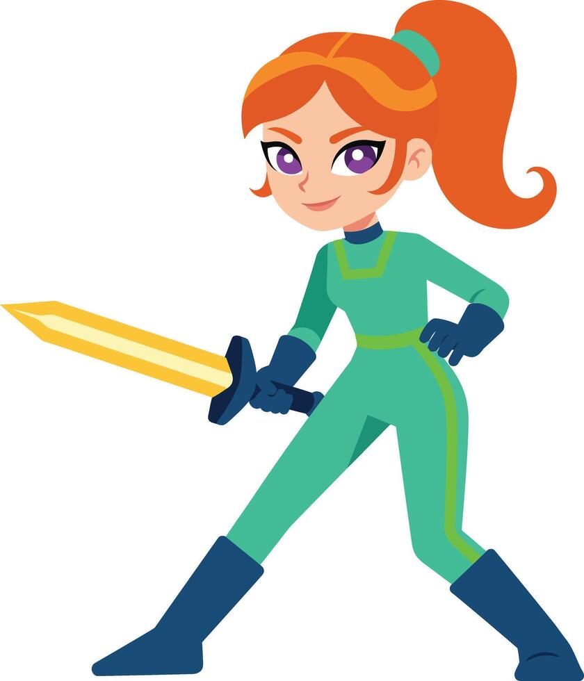 Young female warrior girl in green suit holding sword ready for battle illustration vector
