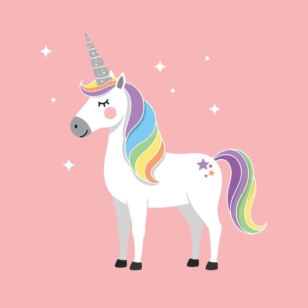 Unicorn with rainbow mane and tail standing gracefully on pink background magical fantasy illustration vector