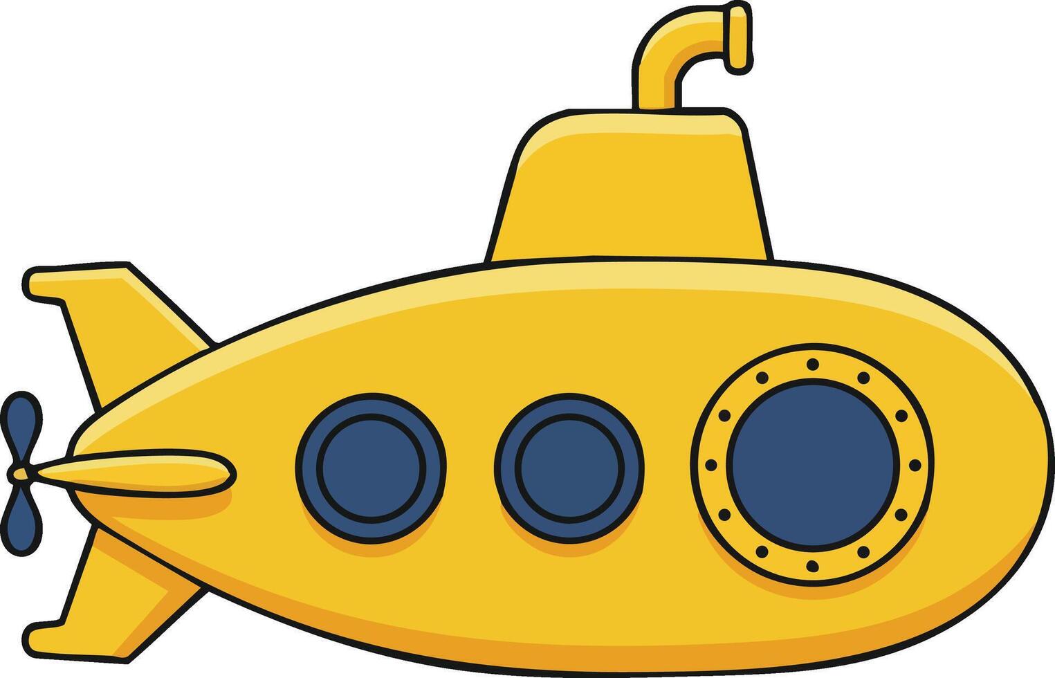 Yellow submarine illustration with portholes and propeller in side view design vector